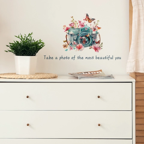 Pegatina de Pared Vintage Cámara Flores Mariposa PVC Removible Autoadesiva Cita Arte Mural para Decoración de Dormitorio