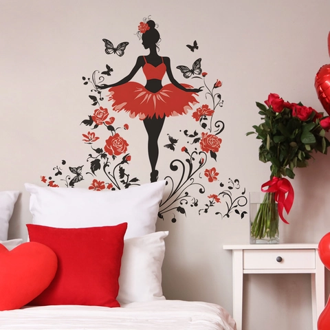 Ballet Girl Silhouette Red Dress Rose Flower Wall Sticker PVC Removable DIY Artistic Home Decor Mural For Bedroom Living Room