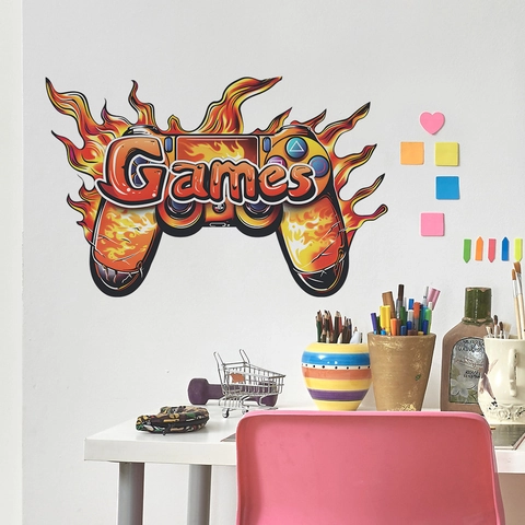 Flaming Game Controller Wall Sticker PVC Self Adhesive Games Art Decal For Gaming Room Bedroom Teens Dormitory Decor