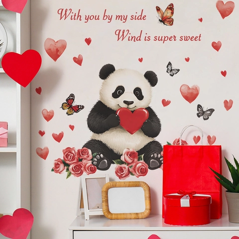 Cartoon Panda Herz Wandtattoo PVC Selbstklebend Abnehmbar Wanddeko Für Valentinstag Schlafzimmer Haus Dekoration