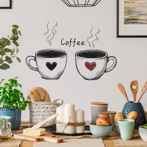 Coffee Theme Wall Stickers Waterproof PVC Decals Sketch Coffee Cups Hearts For Kitchen Dining Room Home Background Decor
