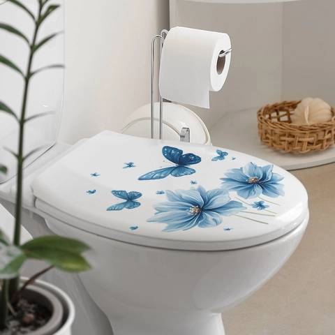 Adesivo per Coperchio del Bagno in PVC Removibile con Fiori Blu e Farfalle Decorazione per Bagno Adesivo Murale Autoadesivo