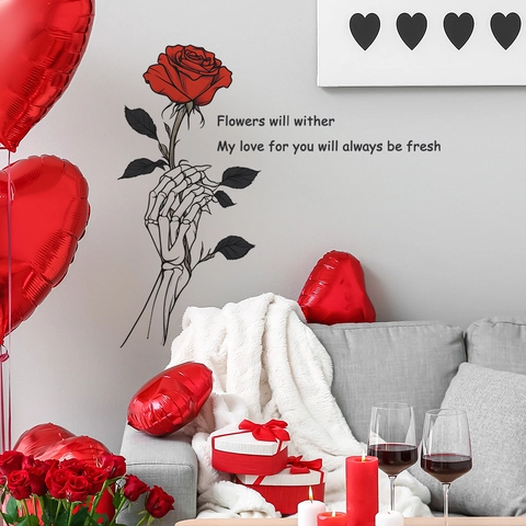 Adesivo da Parete Gotico con Mano di Scheletro e Rosa Rossa in PVC Rimovibile con Citazione Romantica per Camera da Letto e Soggiorno