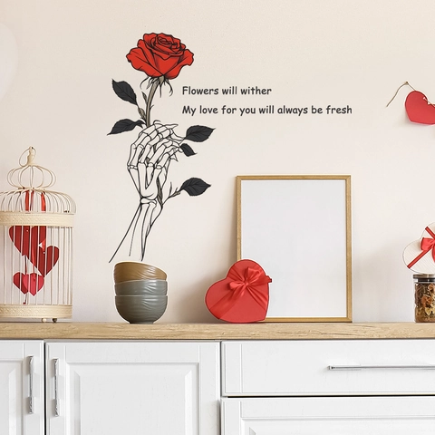 Adesivo da Parete Gotico con Mano di Scheletro e Rosa Rossa in PVC Rimovibile con Citazione Romantica per Camera da Letto e Soggiorno