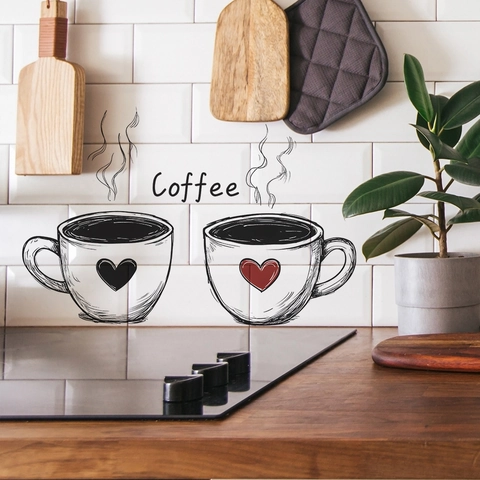 Coffee Theme Wall Stickers Waterproof PVC Decals Sketch Coffee Cups Hearts For Kitchen Dining Room Home Background Decor