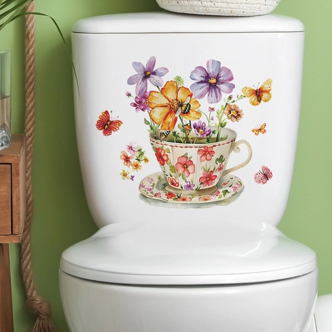 Floral Cup Butterfly Toilet Lid Decal Watercolor Flower Bathroom Wall Sticker Waterproof Self-Adhesive PVC Home Art Mural Decoration