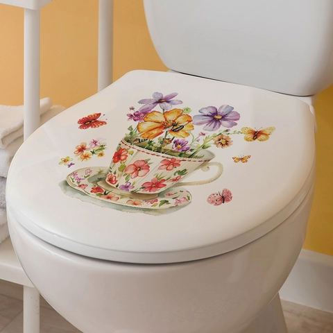 Floral Cup Butterfly Toilet Lid Decal Watercolor Flower Bathroom Wall Sticker Waterproof Self-Adhesive PVC Home Art Mural Decoration