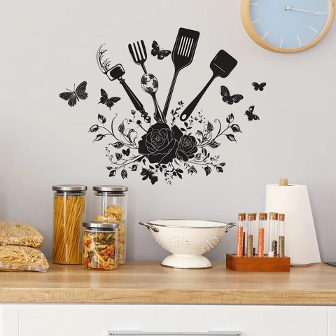Creative Kitchen Utensil Wall Sticker Rose Butterfly Black Silhouette Waterproof PVC Self Adhesive Home Art Wall Decal