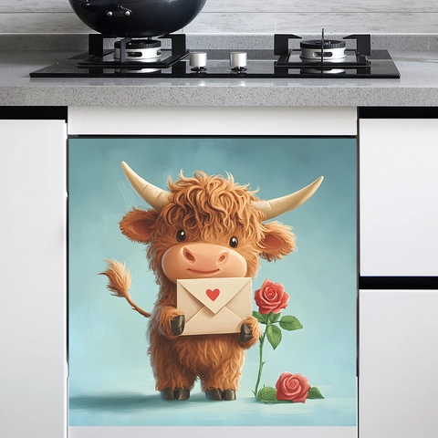 Adesivo Murale San Valentino Mucca delle Highland in Cartone Animato Adesivo PVC Autoadesivo Rosa Cuore per Decorazione Casa