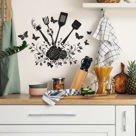 Creative Kitchen Utensil Wall Sticker Rose Butterfly Black Silhouette Waterproof PVC Self Adhesive Home Art Wall Decal