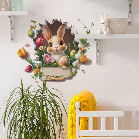 3D Effekt Broken Wall Cartoon Hase Ostereier Blume PVC Wandtattoo Für Kinderzimmer Dekoratives Zuhause Wandaufkleber Kunst Mural