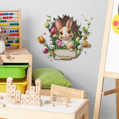 3D Effekt Broken Wall Cartoon Hase Ostereier Blume PVC Wandtattoo Für Kinderzimmer Dekoratives Zuhause Wandaufkleber Kunst Mural