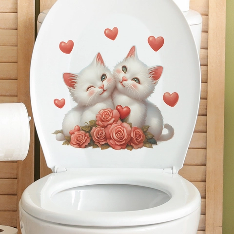 Cute White Cats Pink Roses Red Hearts Toilet Lid Sticker Waterproof Removable PVC Wall Decal For Bathroom Home Decoration