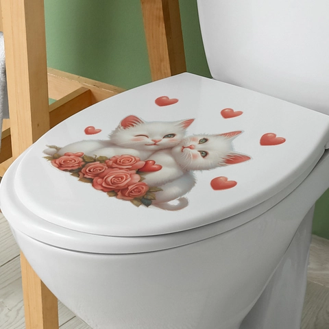 Cute White Cats Pink Roses Red Hearts Toilet Lid Sticker Waterproof Removable PVC Wall Decal For Bathroom Home Decoration