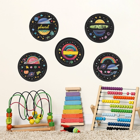 Set di Adesivi Murali Rotondi a Tema Pianeta Spaziale Cartone Animato in PVC Decalcomanie Autoadesive Rimovibili per Decorazione Cameretta