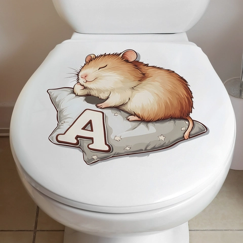 Cute Cartoon Hamster Sleeping On Pillow PVC Toilet Lid Sticker Removable Waterproof Bathroom Home Decor Wall Decal Gift