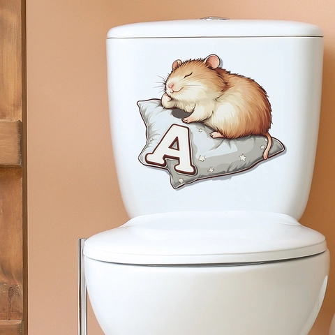 Cute Cartoon Hamster Sleeping On Pillow PVC Toilet Lid Sticker Removable Waterproof Bathroom Home Decor Wall Decal Gift