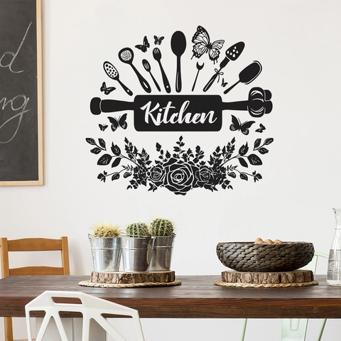 Adesivo Murale da Cucina in PVC Rimovibile Con Motivo Floreale e Posate Nero DIY Arte Adesivo da Parete Casa Cucina