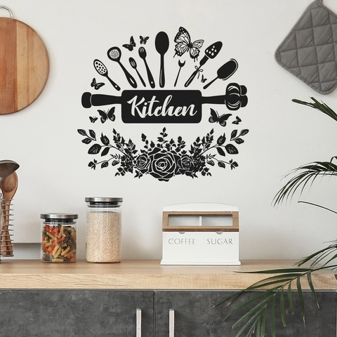Adesivo Murale da Cucina in PVC Rimovibile Con Motivo Floreale e Posate Nero DIY Arte Adesivo da Parete Casa Cucina