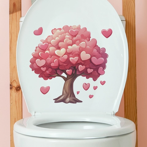 Pegatina de Inodoro de Árbol de Corazón Rosa San Valentín PVC Impermeable Calcomanía de Pared Baño Decoración Romántica