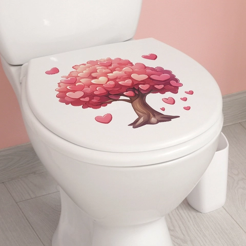 Pegatina de Inodoro de Árbol de Corazón Rosa San Valentín PVC Impermeable Calcomanía de Pared Baño Decoración Romántica