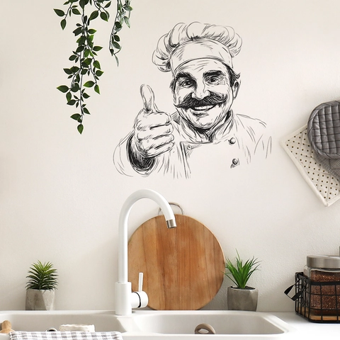 Chef Kitchen Wall Sticker Removable PVC Decal For Restaurant Decor Black Line Art Sketch Mural Adhesive Decorative Decal