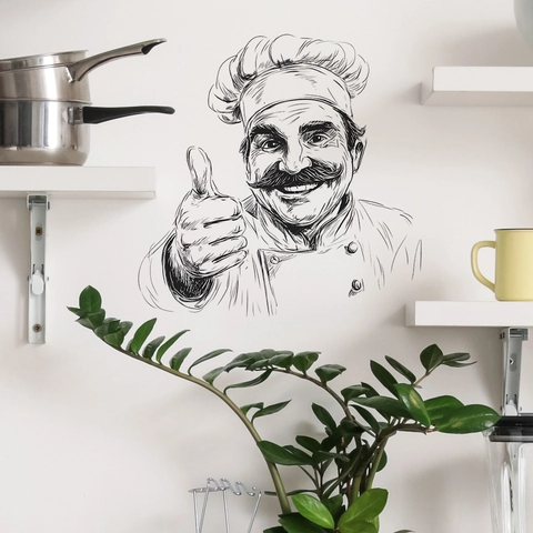 Chef Kitchen Wall Sticker Removable PVC Decal For Restaurant Decor Black Line Art Sketch Mural Adhesive Decorative Decal