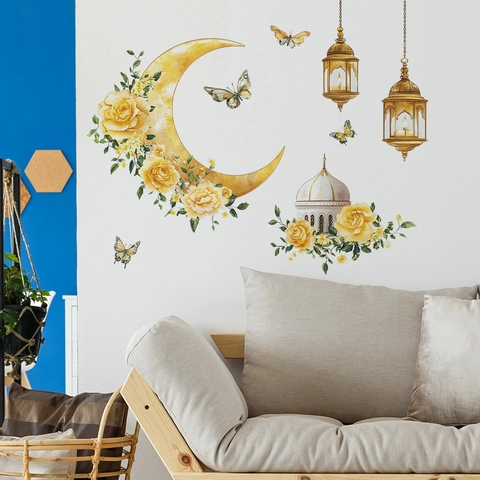 Pegatinas de Pared Mezquita Flores Luna Ramadán Acuarela Rosas Amarillas Linternas Mariposas Calcomanía PVC Autoadhesiva DIY