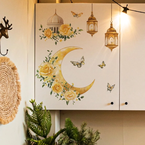 Pegatinas de Pared Mezquita Flores Luna Ramadán Acuarela Rosas Amarillas Linternas Mariposas Calcomanía PVC Autoadhesiva DIY