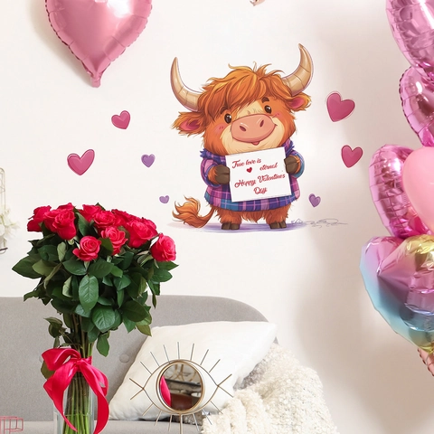Valentinstag Hochlandkuh Wandaufkleber Mit Herzen True Love Is Eternal Abnehmbares PVC Dekor Für Wohnzimmer Schlafzimmer