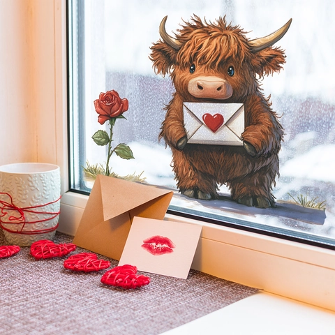 Valentinstag Cartoon Hochlandrind Wandtattoo Herz Umschlag Rose PVC Abnehmbar Selbstklebend Home Decor Wandbild Aufkleber