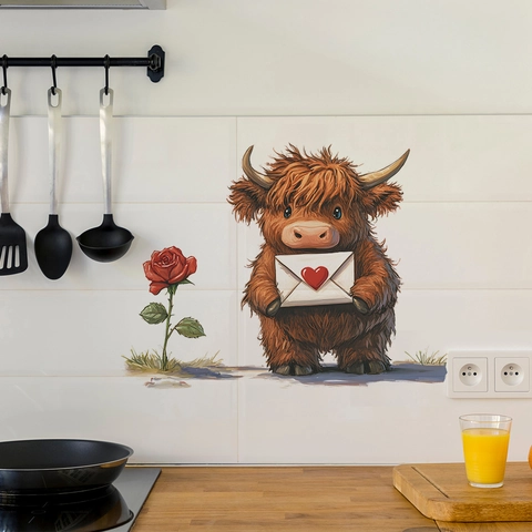 Valentinstag Cartoon Hochlandrind Wandtattoo Herz Umschlag Rose PVC Abnehmbar Selbstklebend Home Decor Wandbild Aufkleber