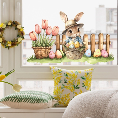 Easter Bunny Tulips Eggs Window Sticker Watercolor Floral PVC Static Cling Wall Decals Holiday Home Decor Indoor Decoration