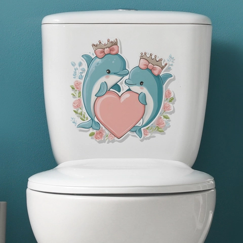 Pegatina para Inodoro Delfín Corazón San Valentín PVC Impermeable Removible Calcomanía de Pared Baño Decoración Dibujos