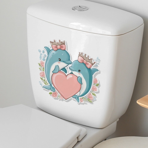 Pegatina para Inodoro Delfín Corazón San Valentín PVC Impermeable Removible Calcomanía de Pared Baño Decoración Dibujos