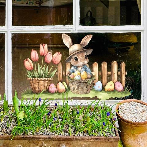Easter Bunny Tulips Eggs Window Sticker Watercolor Floral PVC Static Cling Wall Decals Holiday Home Decor Indoor Decoration