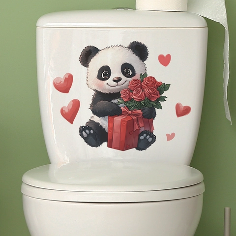 Valentine's Day Cartoon Panda Rose Heart Toilet Sticker Removable Waterproof PVC Home Bathroom Decorative Wall Decal Sticker
