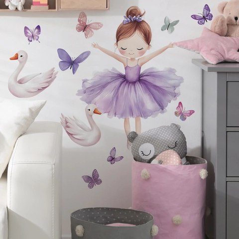 Aquarell Ballett Mädchen Wandaufkleber Mit Schwan Und Schmetterling Abnehmbare PVC Aufkleber Für Mädchenzimmer Schlafzimmer Dekor