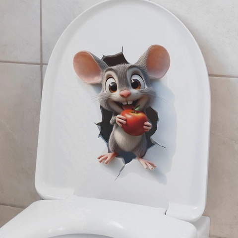 3D Realistische Maus Hält Apfel Toilettenaufkleber PVC Wasserdicht Abnehmbare Dekorative Wandtattoo Für Badezimmer Dekor
