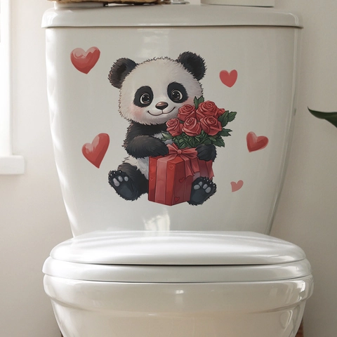 Valentine's Day Cartoon Panda Rose Heart Toilet Sticker Removable Waterproof PVC Home Bathroom Decorative Wall Decal Sticker
