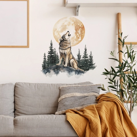 Watercolor Wolf Howling At Moon Forest Wall Sticker PVC Self Adhesive Home Decor Mural For Bedroom Living Room Decoration
