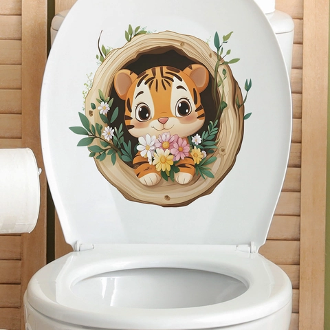 Adesivo per Gabinetto 3D Tigre Cartone Animato Foro dell'Albero Fiore PVC Impermeabile Autoadesivo per Bagno Casa Decor