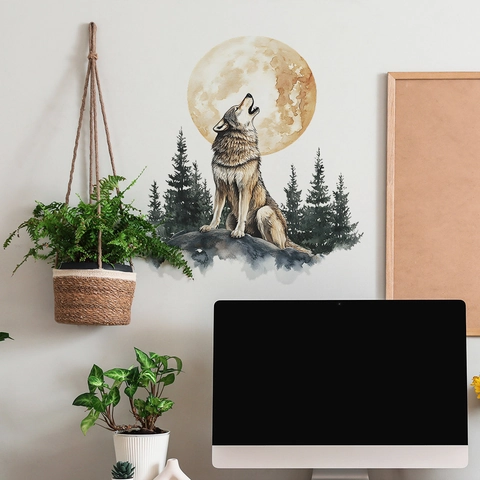Watercolor Wolf Howling At Moon Forest Wall Sticker PVC Self Adhesive Home Decor Mural For Bedroom Living Room Decoration