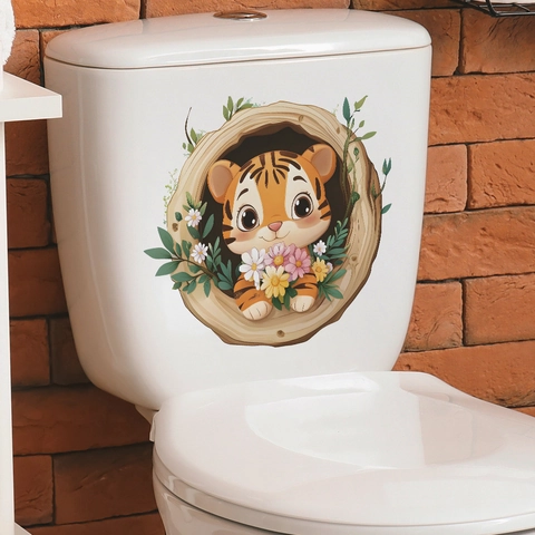 Adesivo per Gabinetto 3D Tigre Cartone Animato Foro dell'Albero Fiore PVC Impermeabile Autoadesivo per Bagno Casa Decor