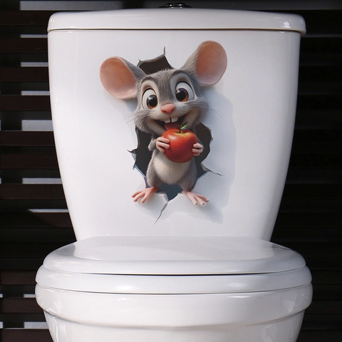 3D Realistische Maus Hält Apfel Toilettenaufkleber PVC Wasserdicht Abnehmbare Dekorative Wandtattoo Für Badezimmer Dekor