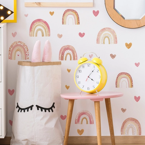 Boho Acuarela Arcoíris Corazón Pegatinas De Pared Para Habitación De Niños Guardería Removible PVC Calcomanías Decorativas Hogar