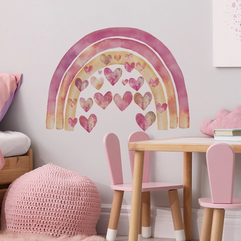 Adesivo da Parete Acquerello Arcobaleno Cuore PVC Autoadesivo Rimovibile per Cameretta Bambini Camera da Letto Decorazione Casa