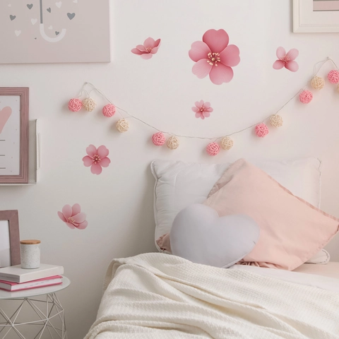 3D Pink Cherry Blossom Wall Stickers PVC Self Adhesive Removable Floral Decals For Bedroom Nursery Wardrobe Home Decoration