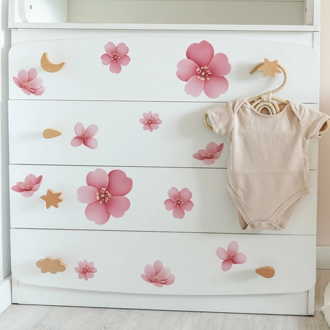 3D Pink Cherry Blossom Wall Stickers PVC Self Adhesive Removable Floral Decals For Bedroom Nursery Wardrobe Home Decoration