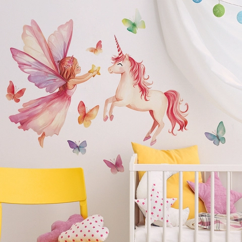 Sticker Mural Aquarelle Fée Licorne Papillon PVC Amovible Auto-Adhésif Chambre d'Enfant Chambre Décoration Maison Peinture Murale
